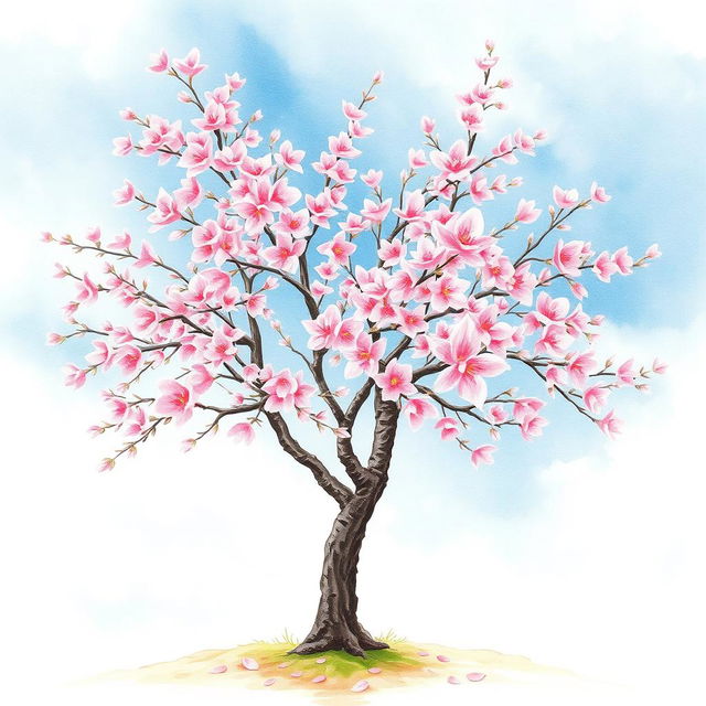 A beautiful cherry blossom tree in full bloom, depicted in a delicate watercolor painting