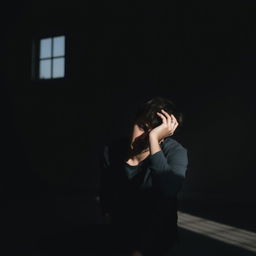 A melancholic young man sitting alone in a dimly lit room, his head resting on his hand, looking introspective and lost in thought