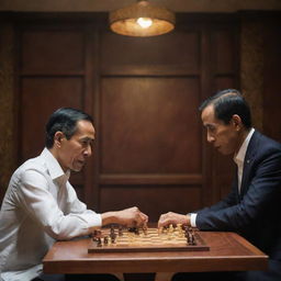 A detailed, realistic depiction of Joko Widodo (Jokowi), President of Indonesia, engaged in a intense game of chess with Indonesian intellectual, Rocky Gerung, in a warmly lit room with a traditional Indonesian background.