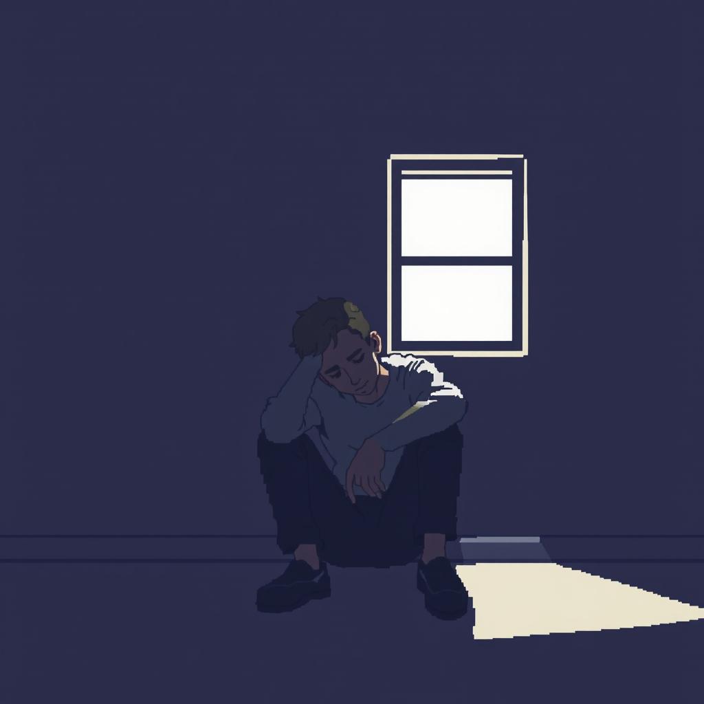 A pixel art illustration of a melancholic young man sitting alone in a dimly lit room, his head resting on his hand, looking introspective and lost in thought