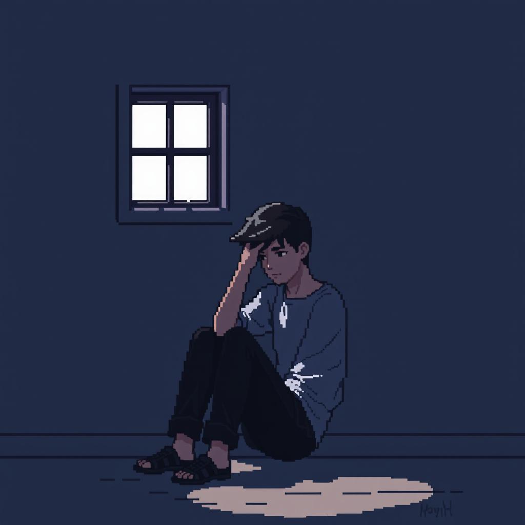 A pixel art illustration of a melancholic young man sitting alone in a dimly lit room, his head resting on his hand, looking introspective and lost in thought