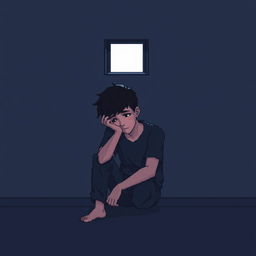 A pixel art illustration of a melancholic young man sitting alone in a dimly lit room, his head resting on his hand, looking introspective and lost in thought