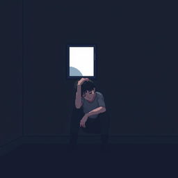 A pixel art illustration of a melancholic young man sitting alone in a dimly lit room, his head resting on his hand, looking introspective and lost in thought