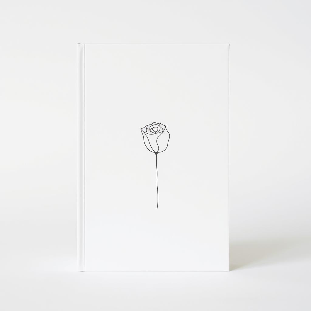 A minimalist book cover in shades of white and soft gray, featuring a delicate line art stroke forming a stylized rose at the center