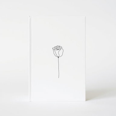 A minimalist book cover in shades of white and soft gray, featuring a delicate line art stroke forming a stylized rose at the center