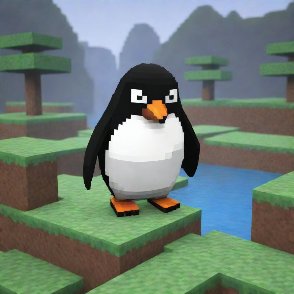 A pixel art penguin in a Minecraft style environment.