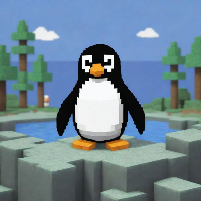 A pixel art penguin in a Minecraft style environment.