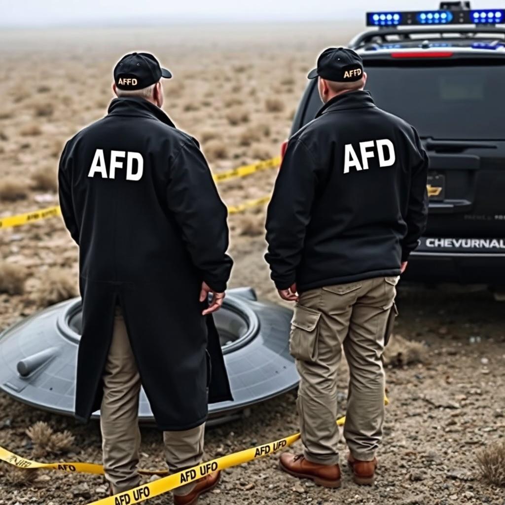 Two men wearing black coats with white letters "AFD" on the back and black caps also inscribed with "AFD" are donning khaki pants with pockets and small black pouches at their waists