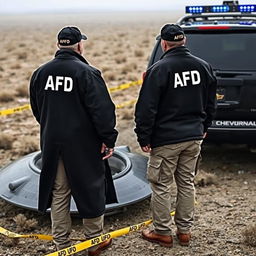 Two men wearing black coats with white letters "AFD" on the back and black caps also inscribed with "AFD" are donning khaki pants with pockets and small black pouches at their waists