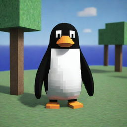 A pixel art penguin in a Minecraft style environment.