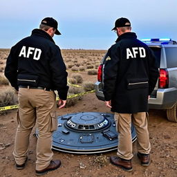 Two men wearing black coats with white letters "AFD" on the back and black caps also inscribed with "AFD" are donning khaki pants with pockets and small black pouches at their waists