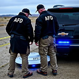 Two men wearing black coats with white letters "AFD" on the back and black caps also inscribed with "AFD" are donning khaki pants with pockets and small black pouches at their waists