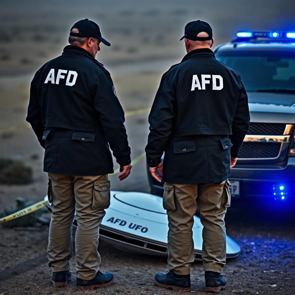 Two men wearing black coats with white letters "AFD" on the back and black caps also inscribed with "AFD" are donning khaki pants with pockets and small black pouches at their waists