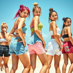 A group of cute 18-year-old girls confidently flaunting stylish summer outfits, with a focus on their trendy and colorful shorts