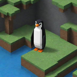 A pixel art penguin in a Minecraft style environment.