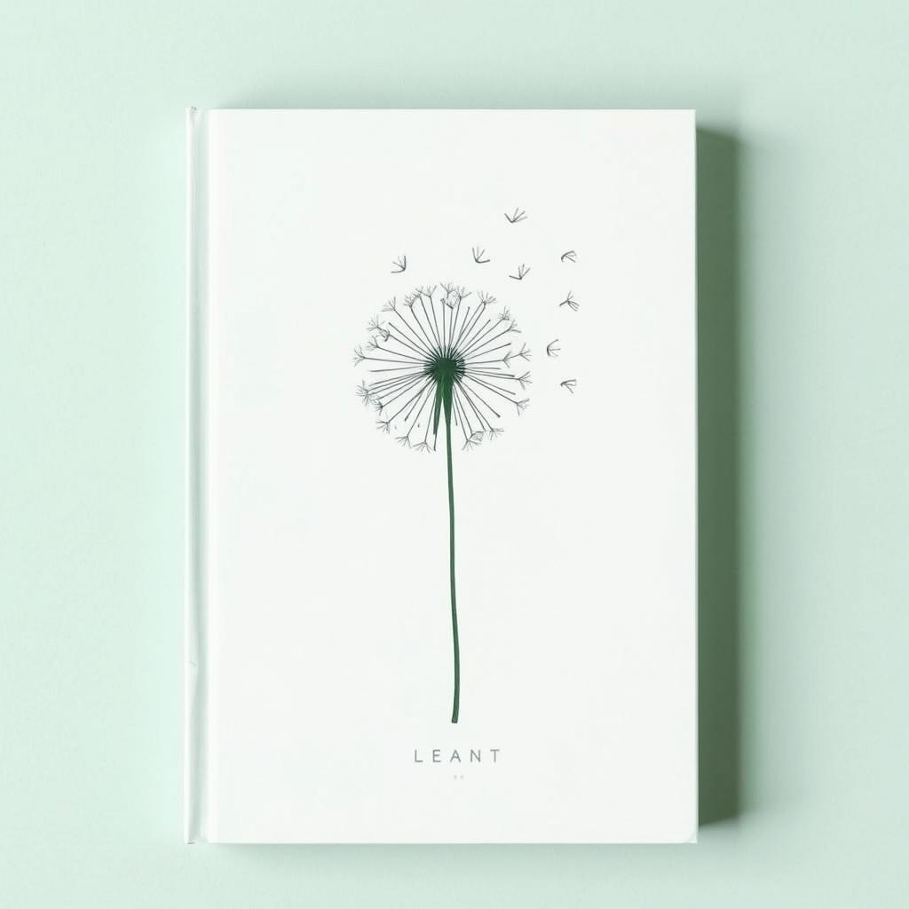 A book cover in a mint green shade with a minimalist design, featuring a dandelion drawn with line art strokes at the center, capturing the essence of fragility and lightness