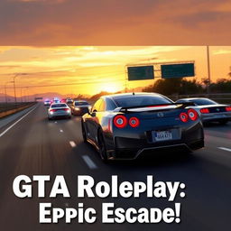 A YouTube thumbnail for a GTA roleplay video featuring a Nissan GT-R R35 in a high-speed chase