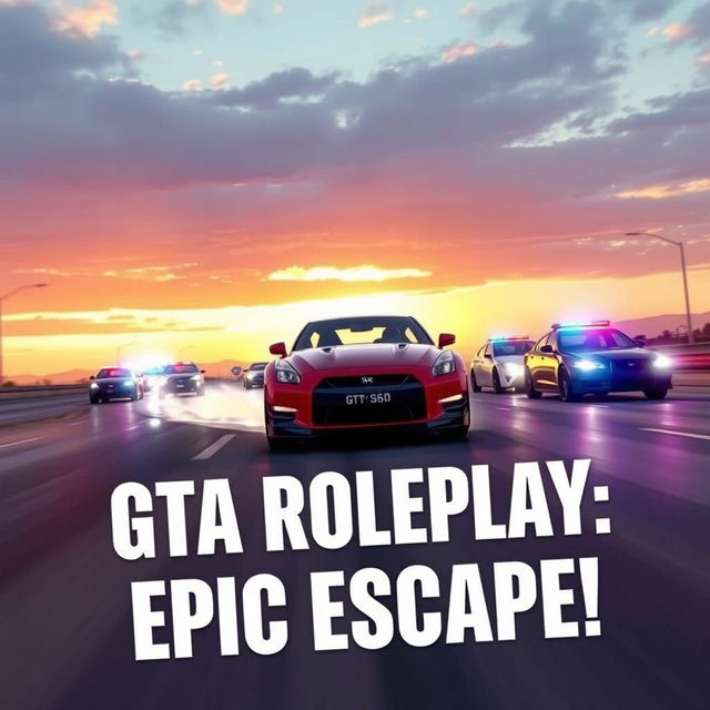 A YouTube thumbnail for a GTA roleplay video featuring a Nissan GT-R R35 in a high-speed chase