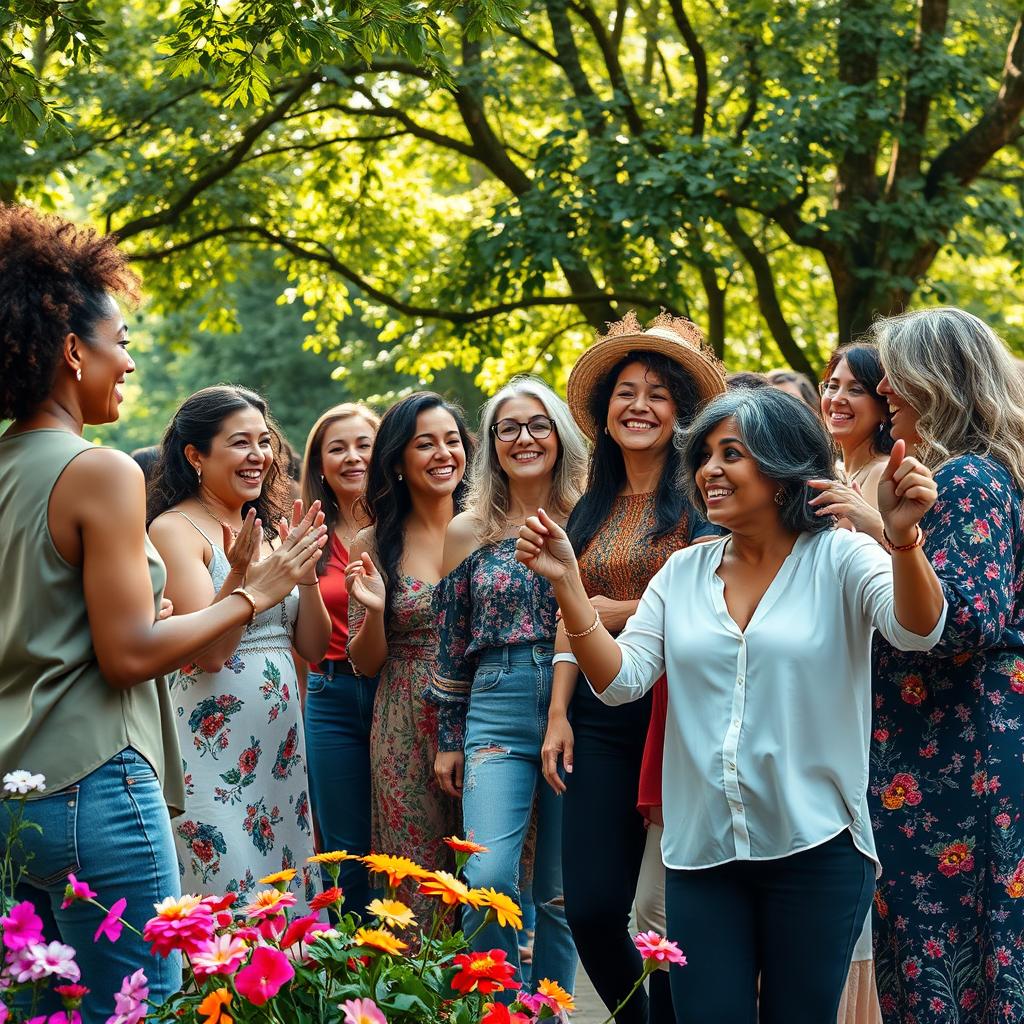 An inspiring celebration of female bonding, featuring a diverse group of empowered women of various ages and backgrounds gathering in a scenic outdoor setting, filled with lush greenery and vibrant flowers