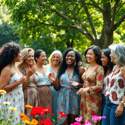 An inspiring celebration of female bonding, featuring a diverse group of empowered women of various ages and backgrounds gathering in a scenic outdoor setting, filled with lush greenery and vibrant flowers