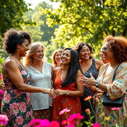 An inspiring celebration of female bonding, featuring a diverse group of empowered women of various ages and backgrounds gathering in a scenic outdoor setting, filled with lush greenery and vibrant flowers