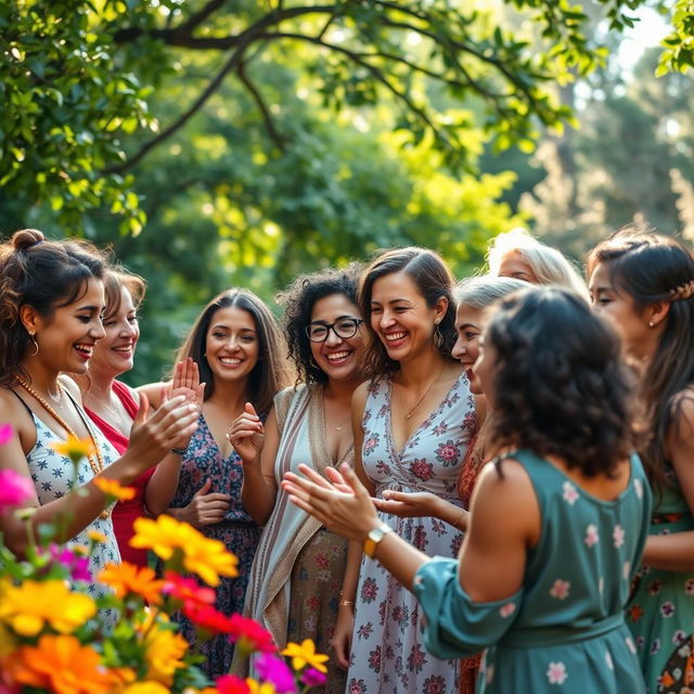 An inspiring celebration of female bonding, featuring a diverse group of empowered women of various ages and backgrounds gathering in a scenic outdoor setting, filled with lush greenery and vibrant flowers