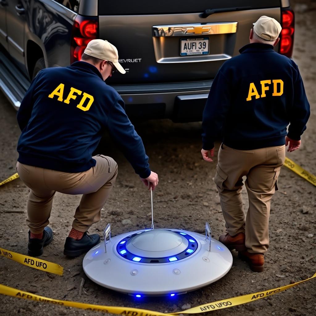 Two men wearing dark blue coats with yellow letters "AFD" on the back and cream caps with the same inscription, are donning khaki pants with pockets