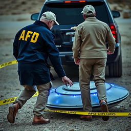 Two men wearing dark blue coats with yellow letters "AFD" on the back and cream caps with the same inscription, are donning khaki pants with pockets