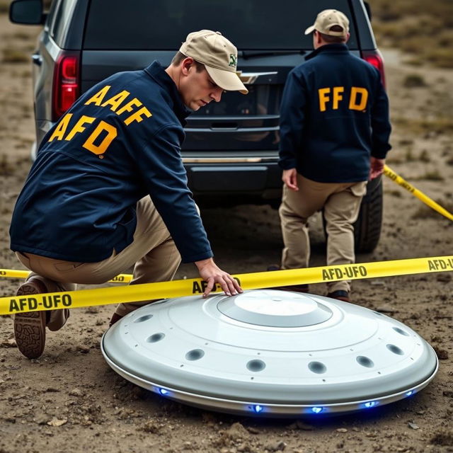 Two men wearing dark blue coats with yellow letters "AFD" on the back and cream caps with the same inscription, are donning khaki pants with pockets