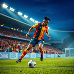 A professional football player in mid-action, skillfully dribbling the ball on a lush green football field under the bright stadium lights