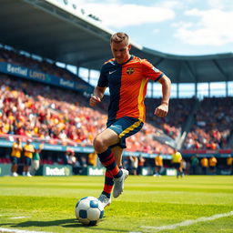 A professional football player in mid-action, skillfully dribbling the ball on a lush green football field under the bright stadium lights