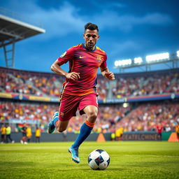 A professional football player in mid-action, skillfully dribbling the ball on a lush green football field under the bright stadium lights