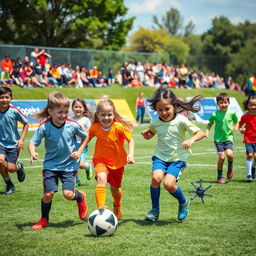 a vibrant scene of kids playing football on a sunny day, with bright smiles and dynamic action