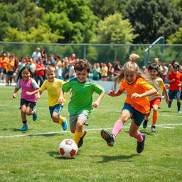 a vibrant scene of kids playing football on a sunny day, with bright smiles and dynamic action