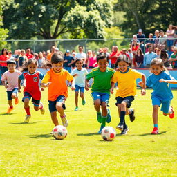 a vibrant scene of kids playing football on a sunny day, with bright smiles and dynamic action