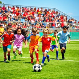 a vibrant scene of kids playing football on a sunny day, with bright smiles and dynamic action