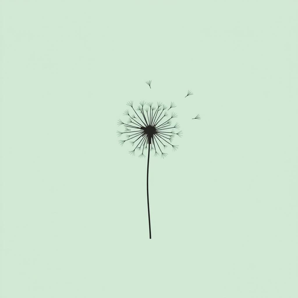 A book cover in a mint green shade with a minimalist design, featuring a dandelion drawn with line art strokes at the center, capturing the essence of fragility and lightness