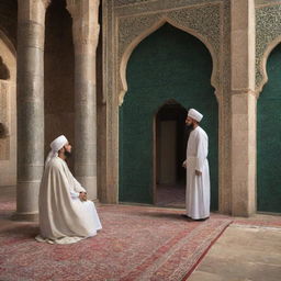 Scene depicting Imam Hambali being asked by a mosque guard not to sleep inside the mosque. The environment is peaceful with traditional Islamic architectural elements.