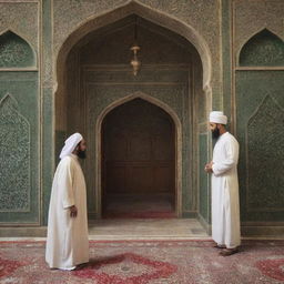 Scene depicting Imam Hambali being asked by a mosque guard not to sleep inside the mosque. The environment is peaceful with traditional Islamic architectural elements.