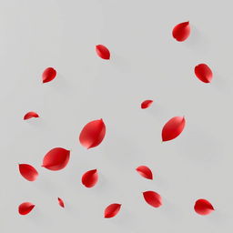 A minimalist illustration in shades of gray, black, and white, where red rose petals float throughout the image, creating a delicate appearance