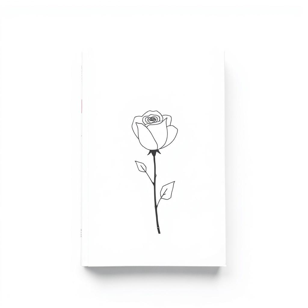 A minimalist design in shades of white and soft gray, featuring a delicate rose at the center, drawn in a simplified and elegant style