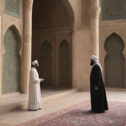 Scene depicting Imam Hambali being asked by a mosque guard not to sleep inside the mosque. The environment is peaceful with traditional Islamic architectural elements.