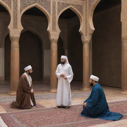 Scene depicting Imam Hambali being asked by a mosque guard not to sleep inside the mosque. The environment is peaceful with traditional Islamic architectural elements.