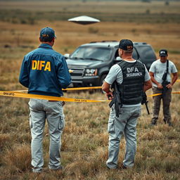 Two investigators examining a UFO in a field