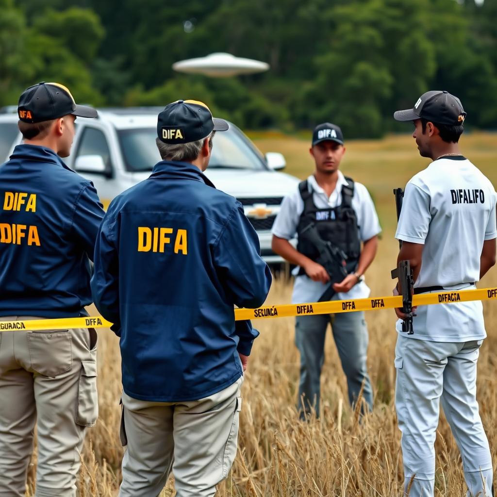 Two investigators examining a UFO in a field