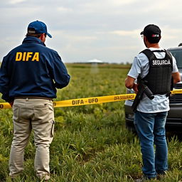 Two investigators examining a UFO in a field