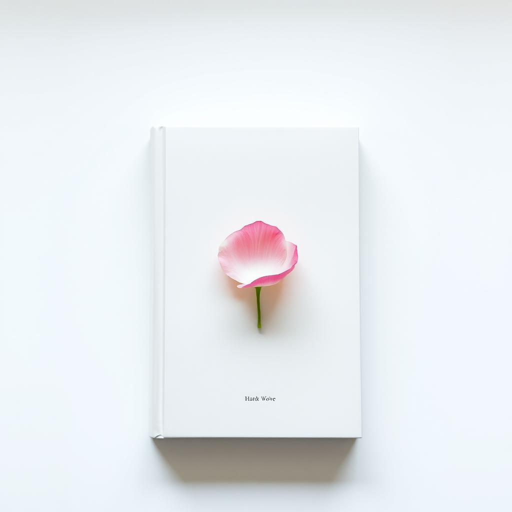 A minimalist design in shades of white and light gray, featuring a single rose petal at the center, gently positioned as if floating