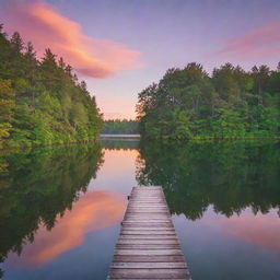 A serene landscape at sunset with vibrant colors reflected in a calm lake. Tall, lush trees border each side and a small wooden dock stretches into the water.