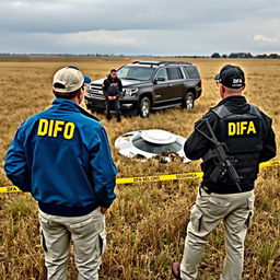 Two investigators examining a crashed UFO in a field