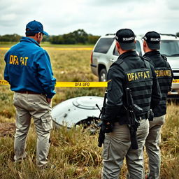 Two investigators examining a crashed UFO in a field